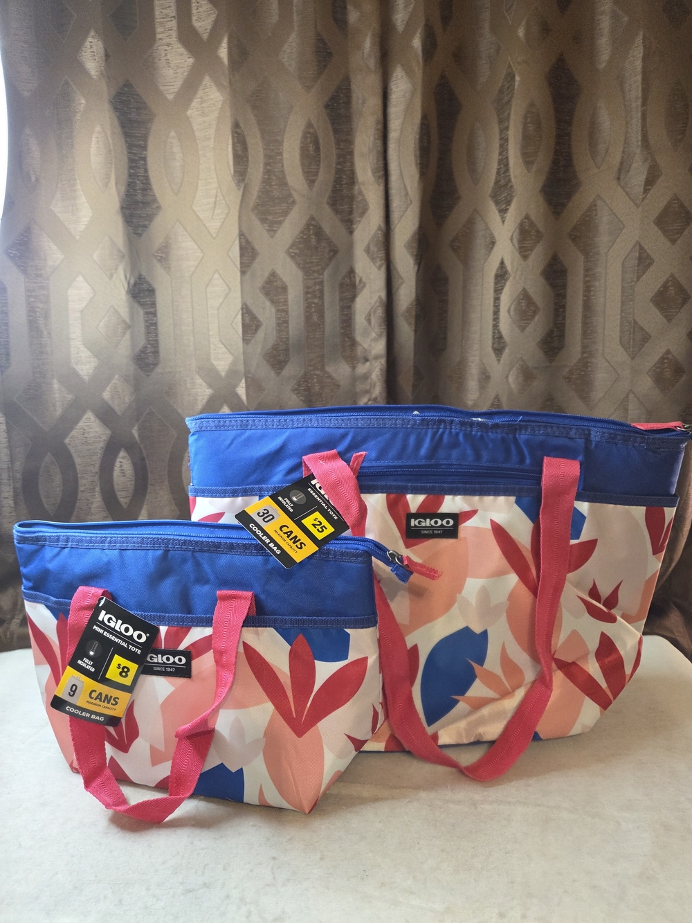 Lot Of 2 Igloo Women's Floral Insulated Tote Bag – Blue, Pink & White, Small&big